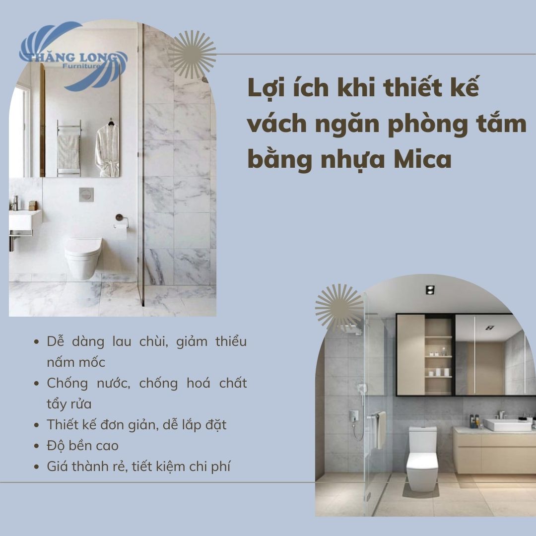 Thay vách ngăn nhà tắm bằng mica giúp không gian trở nên tươi sáng và thoáng mát hơn. Đồng thời, mica còn có tính năng chịu nước và chống thấm tốt, giúp bạn dễ dàng bảo quản và vệ sinh. Hãy cập nhật vách ngăn mica mới để trải nghiệm không gian tắm hoàn toàn mới mẻ.