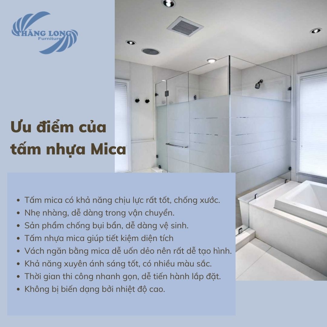 Ưu điểm vách ngăn phòng tắm bằng Mica năm 2024 bao gồm độ bền cao, dễ dàng vệ sinh và chống thấm nước tốt. Ngoài ra, vách ngăn Mica còn có tính năng trong suốt tuyệt đẹp, giúp cho không gian phòng tắm trở nên rộng rãi và sang trọng hơn. Hãy để chúng tôi giúp bạn lựa chọn vách ngăn Mica phù hợp với nhu cầu của riêng bạn.